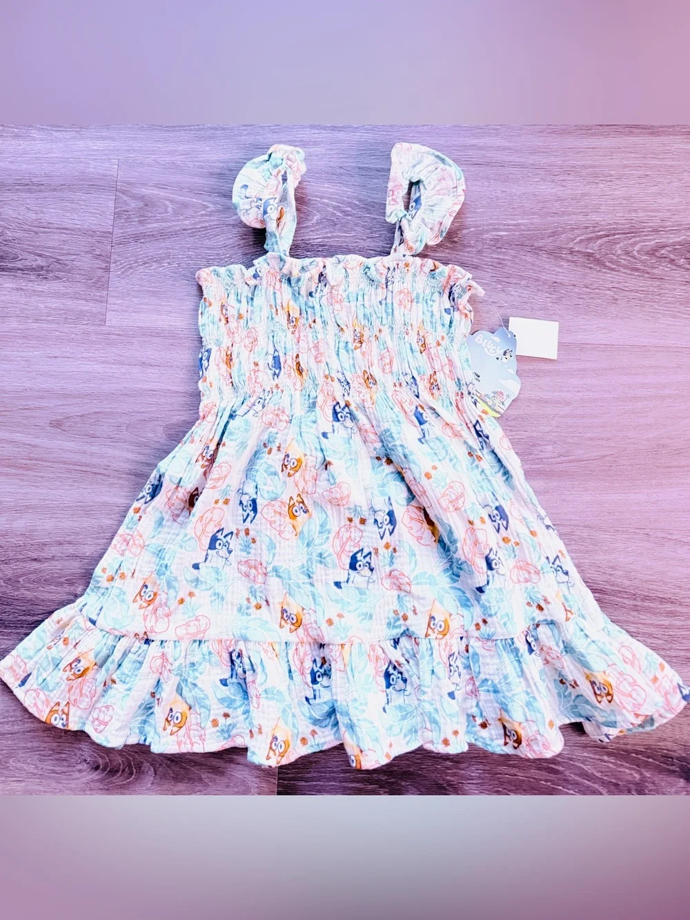 NWT Joe Fresh Bluey & Bingo Toddler Girls Crinkle Gauze Smocked Dress Ivory 4T